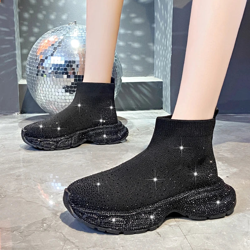 Women's Rhinestone Knit Wedge Mid-Calf Boots | Platform Sock Boot Platform Wedge Boots Axl