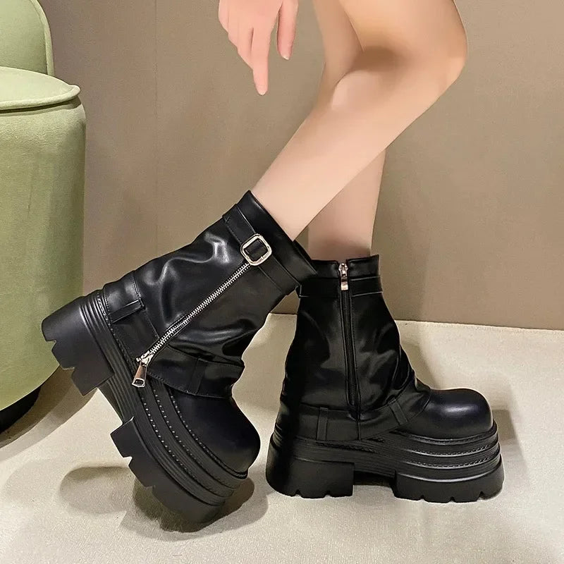 Women's Chunky Platform Ankle Boots 10CM Block Heel Punk Platform Ankle Boots Axl
