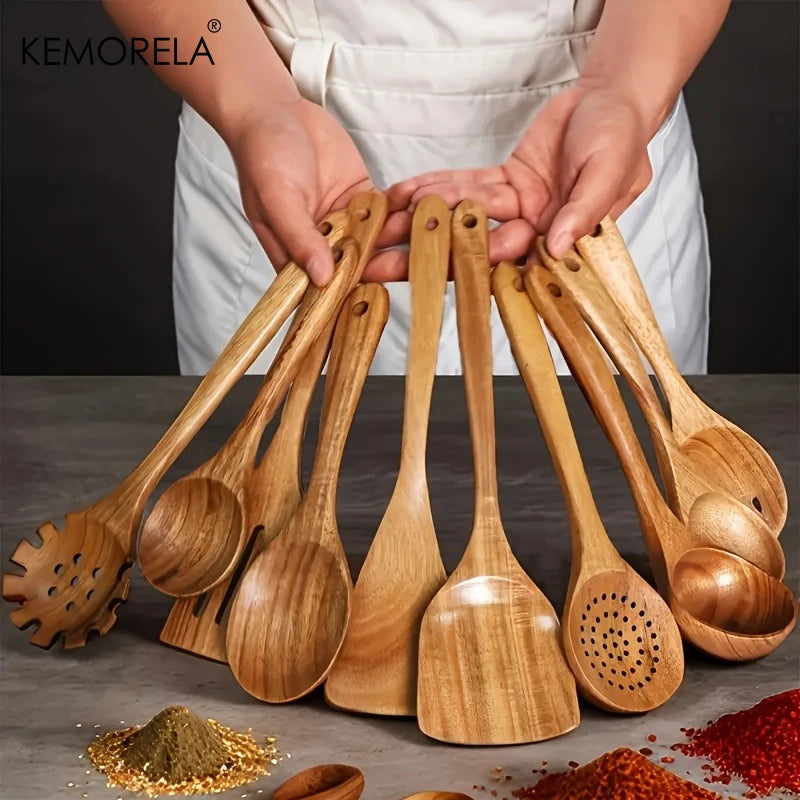 10-Piece Natural Wooden Kitchen Utensil Set – Spoons & Spatulas Wooden Kitchen Utensils Axl 10PCS