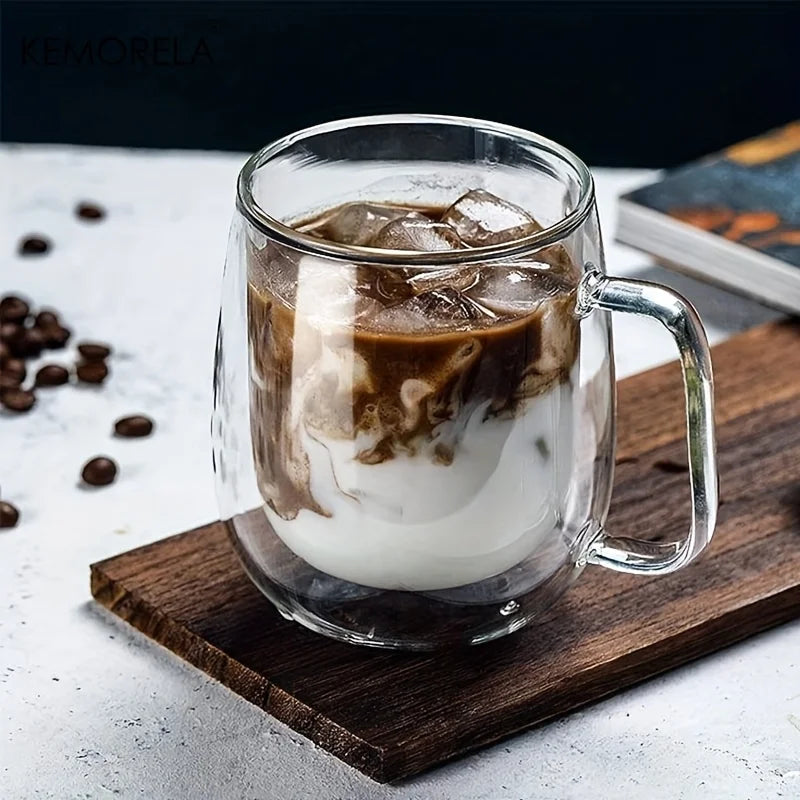 KEMORELA Double Wall Clear Glass Coffee Cup with Handle | 1-2 Pack Glass Coffee Mug Axl