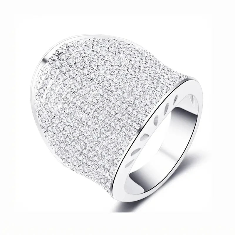 Huitan Wide Cubic Zirconia Cocktail Ring – Silver Women's Band Cocktail Ring Axl