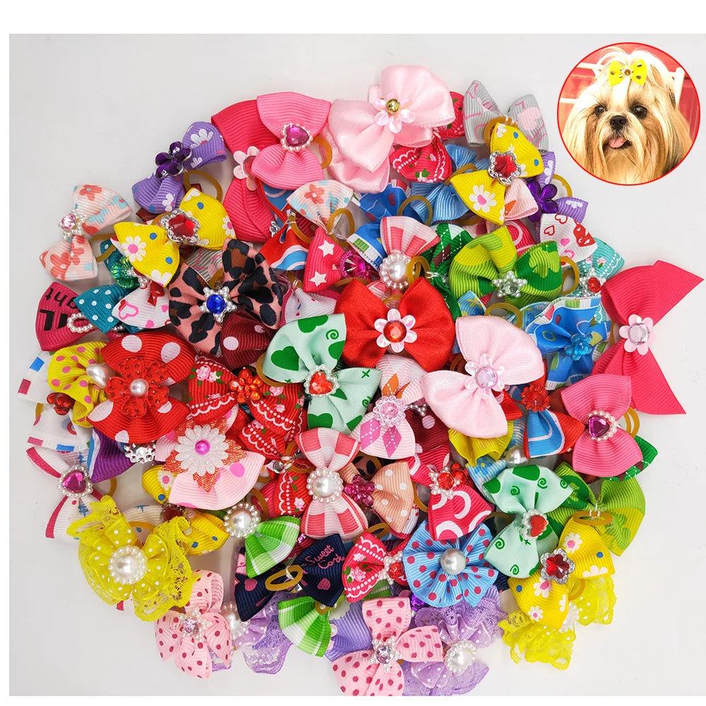 10-Pack Dog Hair Bows with Rubber Bands – Mixed Patterns Dog Grooming Bows Axl mixed color 10pcs