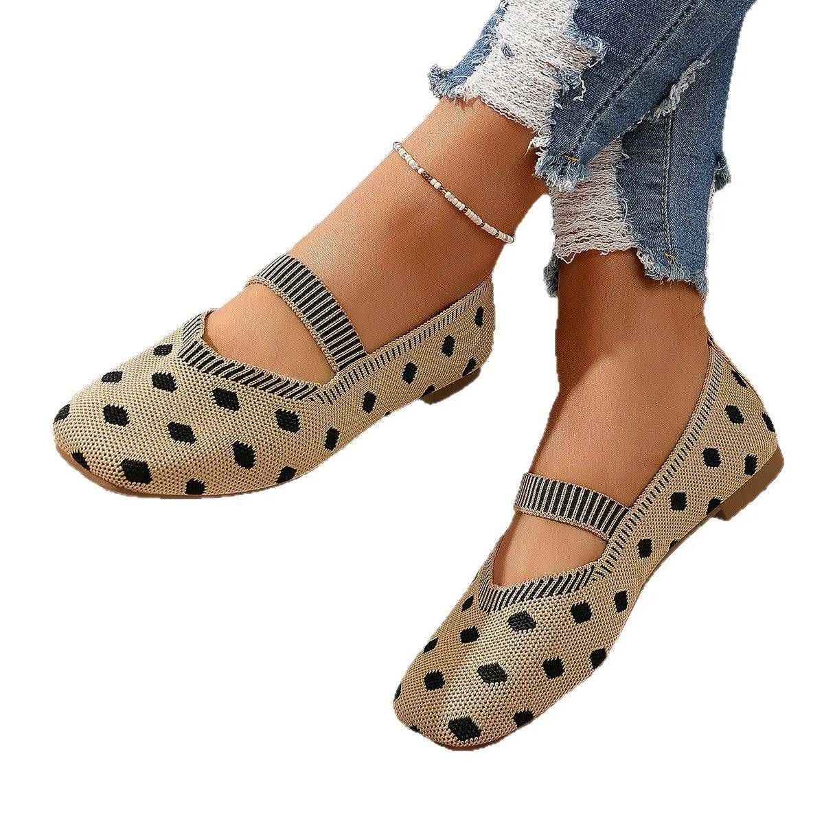 Women's Polka Dot Mary Jane Flats – Casual Woven Slip-On Mary Jane Flats Axl