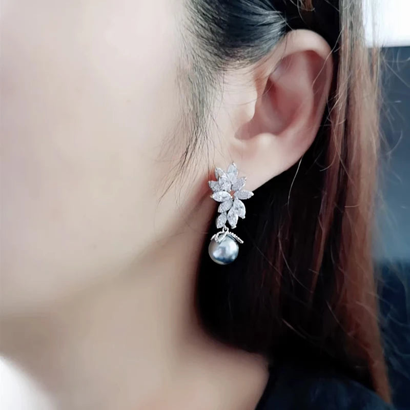 Huitan CZ Pearl Leaf Dangle Earrings | Colorful Statement Jewelry Dangle Earrings Axl