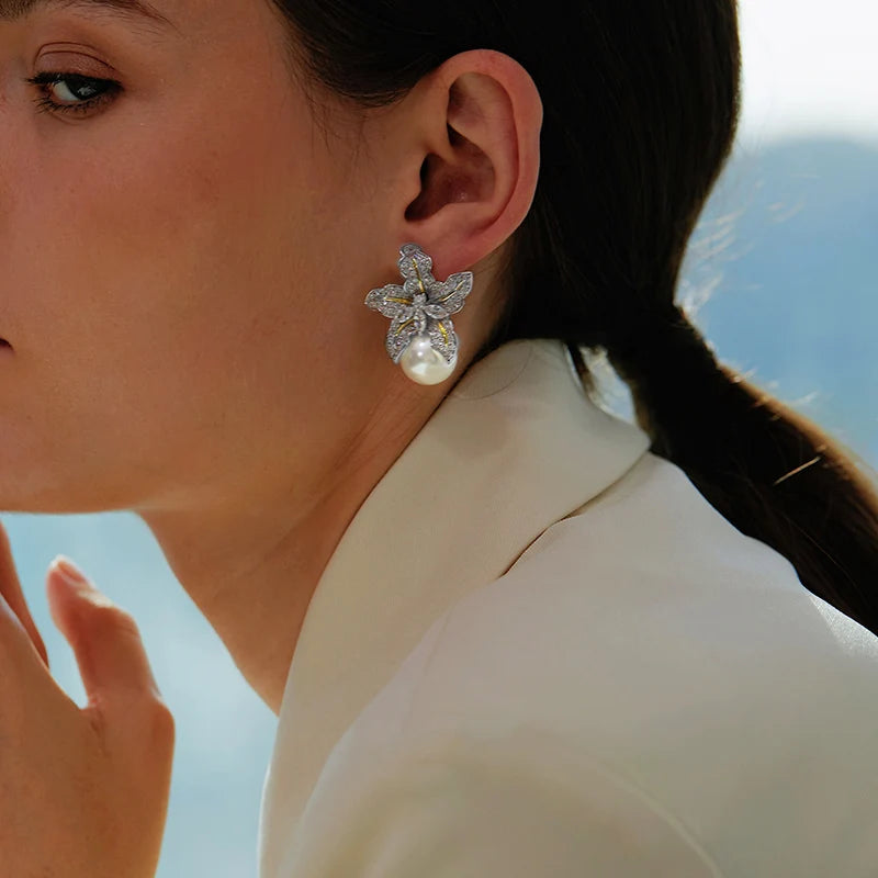 Huitan Two-Tone Flower Pearl Stud Earrings | Wedding Jewelry Pearl Stud Earrings Axl