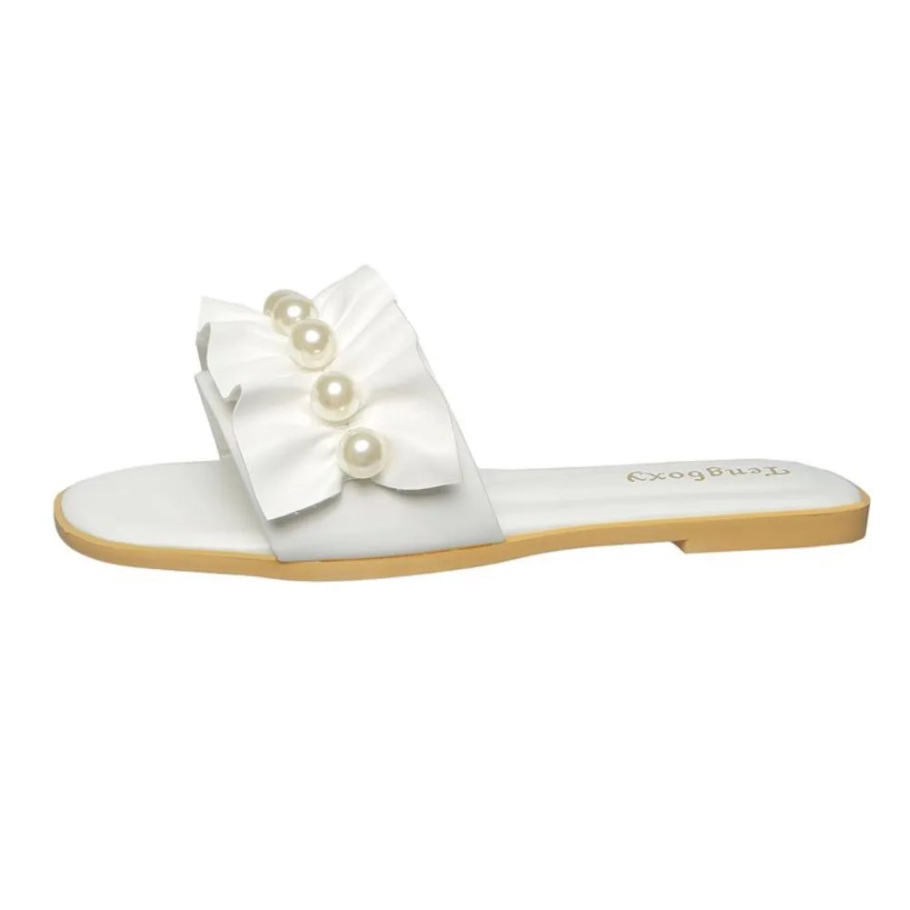 Women's Pearl Ruffle Flat Slide Sandals – Open Toe Beach Slippers Flat Slide Sandals Axl
