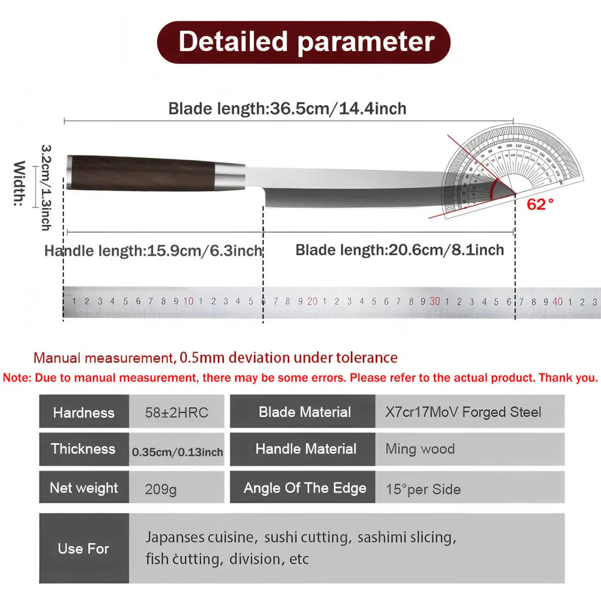 Handmade Sashimi Sushi Chef Knife – Stainless Steel Slicing Sashimi Chef Knife Axl