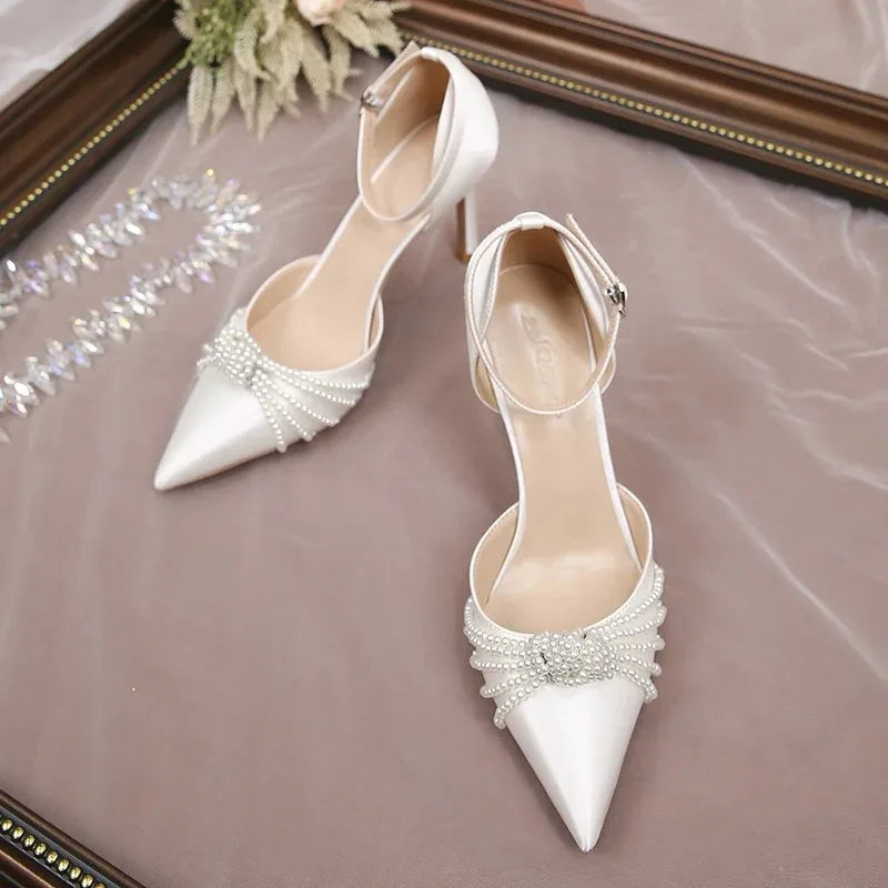 Beaded Satin High Heel Wedding Pumps – Pointed Toe Stilettos High Heel Pumps Axl