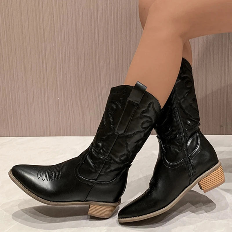Women's Western Cowboy Mid-Calf Boots | Pointed Toe Side Zip Women's Cowboy Boots Axl