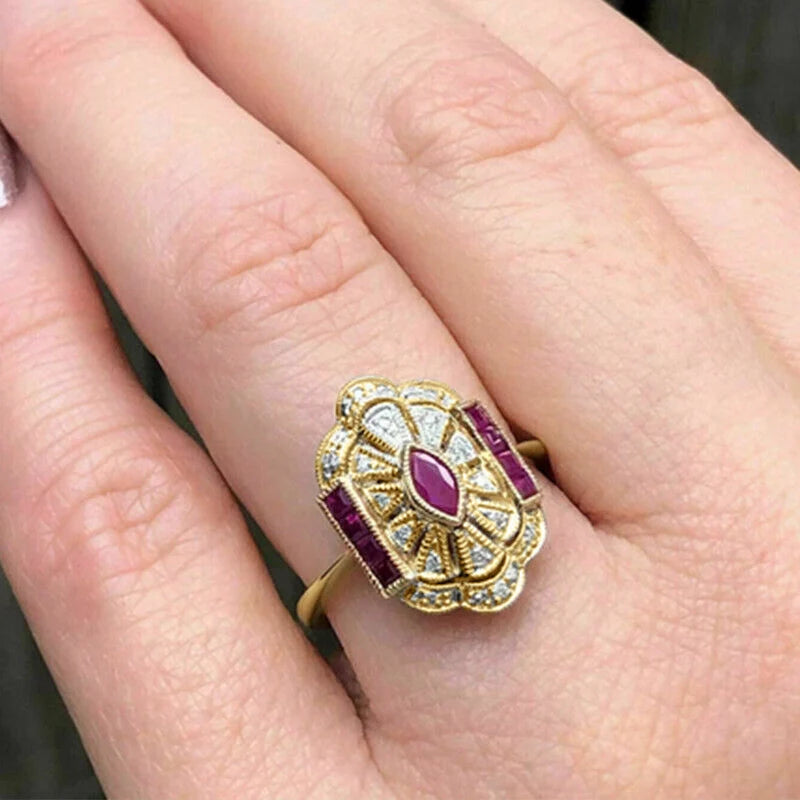 Huitan Red CZ Gold-Tone Vintage Ring for Women | Sizes 5–14 Fashion Ring Axl