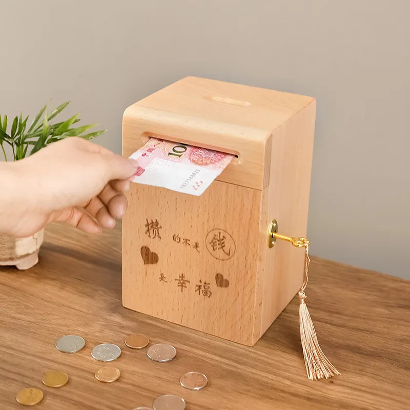 Walnut Wood Piggy Bank with Lock – Kids Savings Box & Decor Wooden Piggy Bank Axl