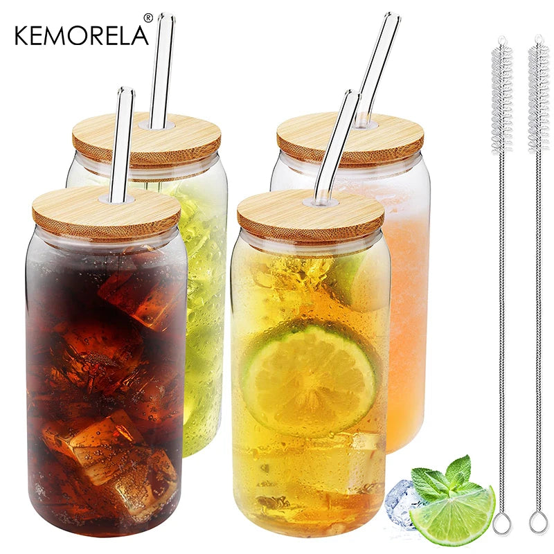 KEMORELA 17oz Can Shaped Glass Cups with Bamboo Lid & Straw Glass Drinkware Set Axl 4PCS 500ml