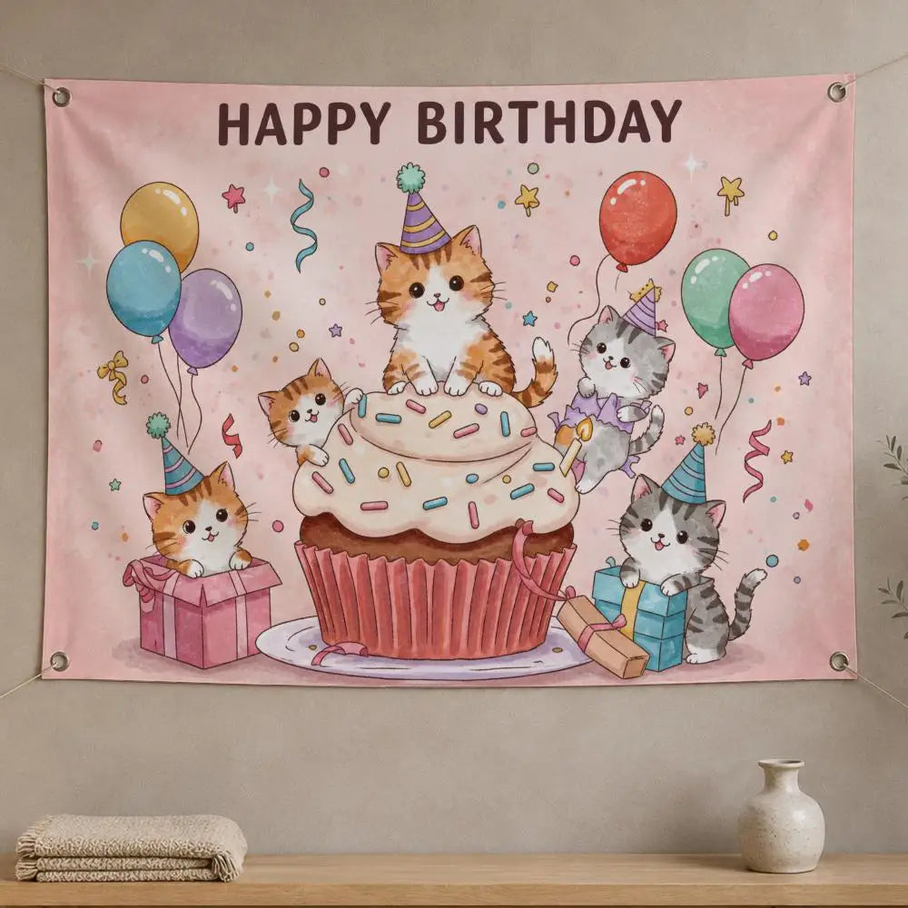 Kawaii Cat Wall Hanging Flag Banner – Room & Party Décor Wall Hanging Banner Axl White01 50x70cm