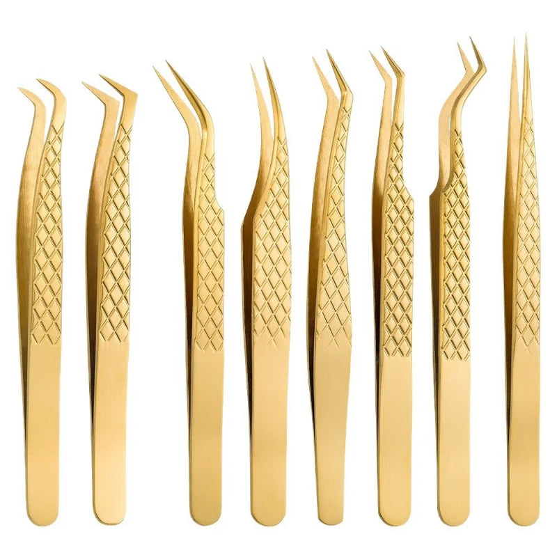 Golden Net Pattern Eyelash Extension Tweezers | Precision Lash Clip Eyelash Tweezers Axl