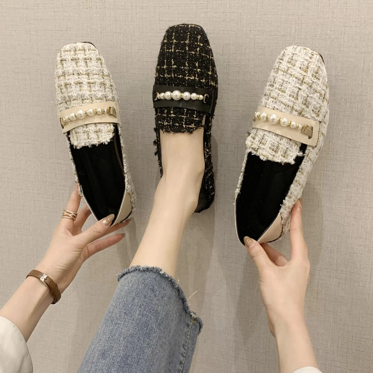 Women's Vintage Tweed Loafers | Pearl Chain Square Toe Flats Women's Flat Loafers Axl