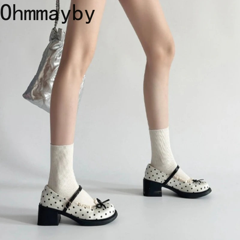 Polka Dot Mary Jane Pumps – Women's Butterfly-Knot Block Heel Mary Jane Pumps Axl