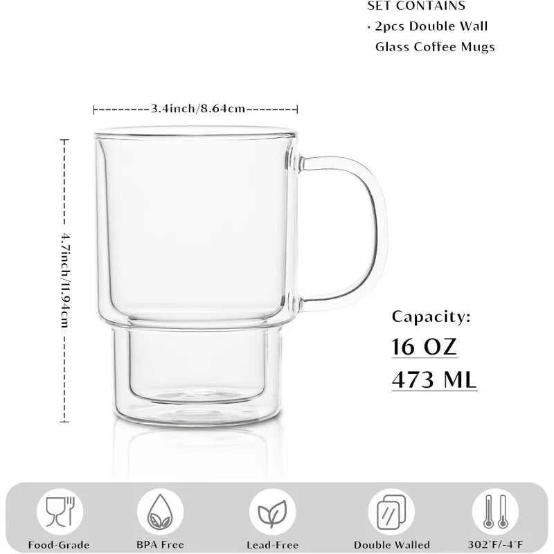 450ml Double Wall Borosilicate Glass Mug with Handle | 1-2 Pack Glass Mug Axl