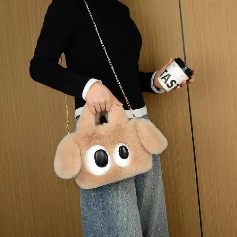 Big-Eyed Plush Fur Tote Bag – Women's Crossbody Shoulder Handbag Plush Tote Handbag Axl