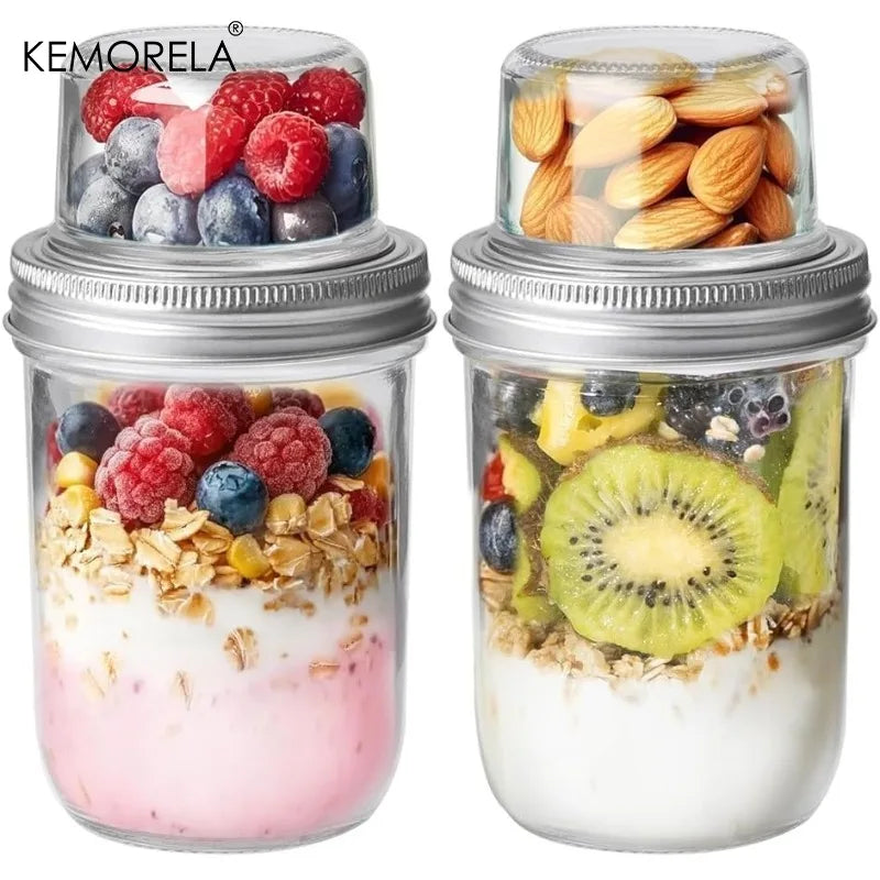KEMORELA Overnight Oats Jars – Dual-Layer Glass Containers Glass Meal Prep Jars Axl