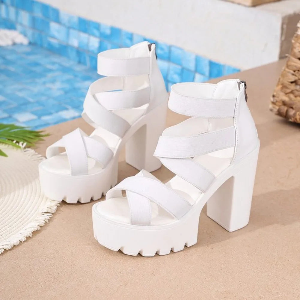Women's Open Toe Platform Block Heel Sandals | Square Heel Platform Heel Sandals Axl 43 WHITE