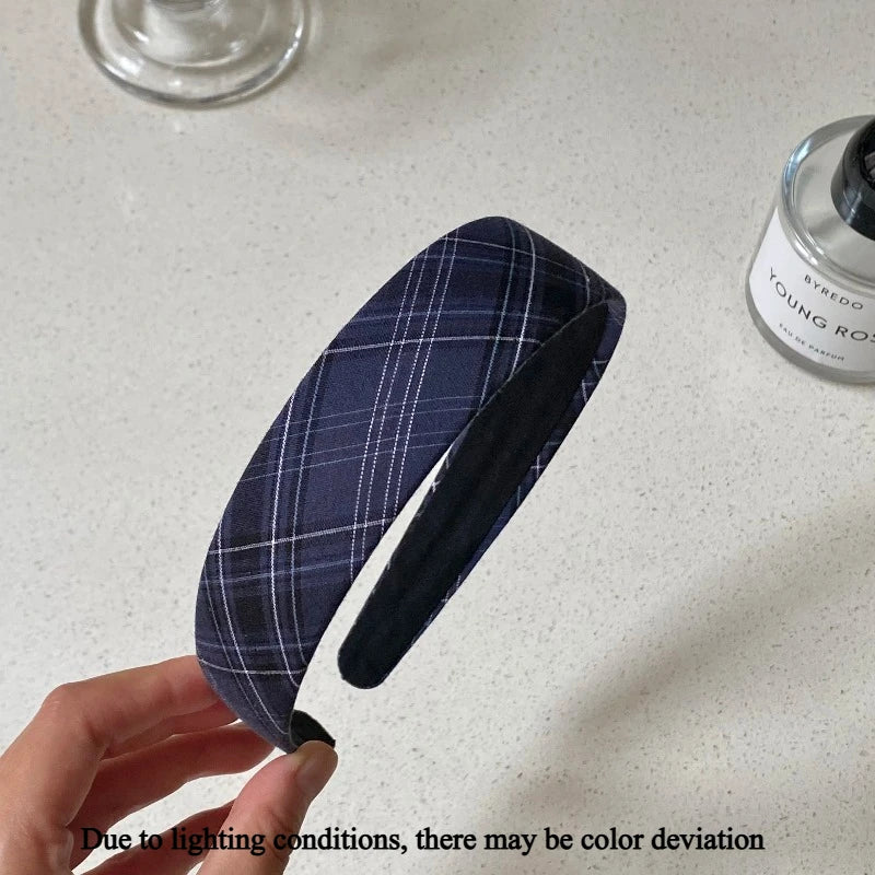 Navy Blue Plaid Hair Headband with Heart Decor for Women Hair Headband Axl Thick-1pcs