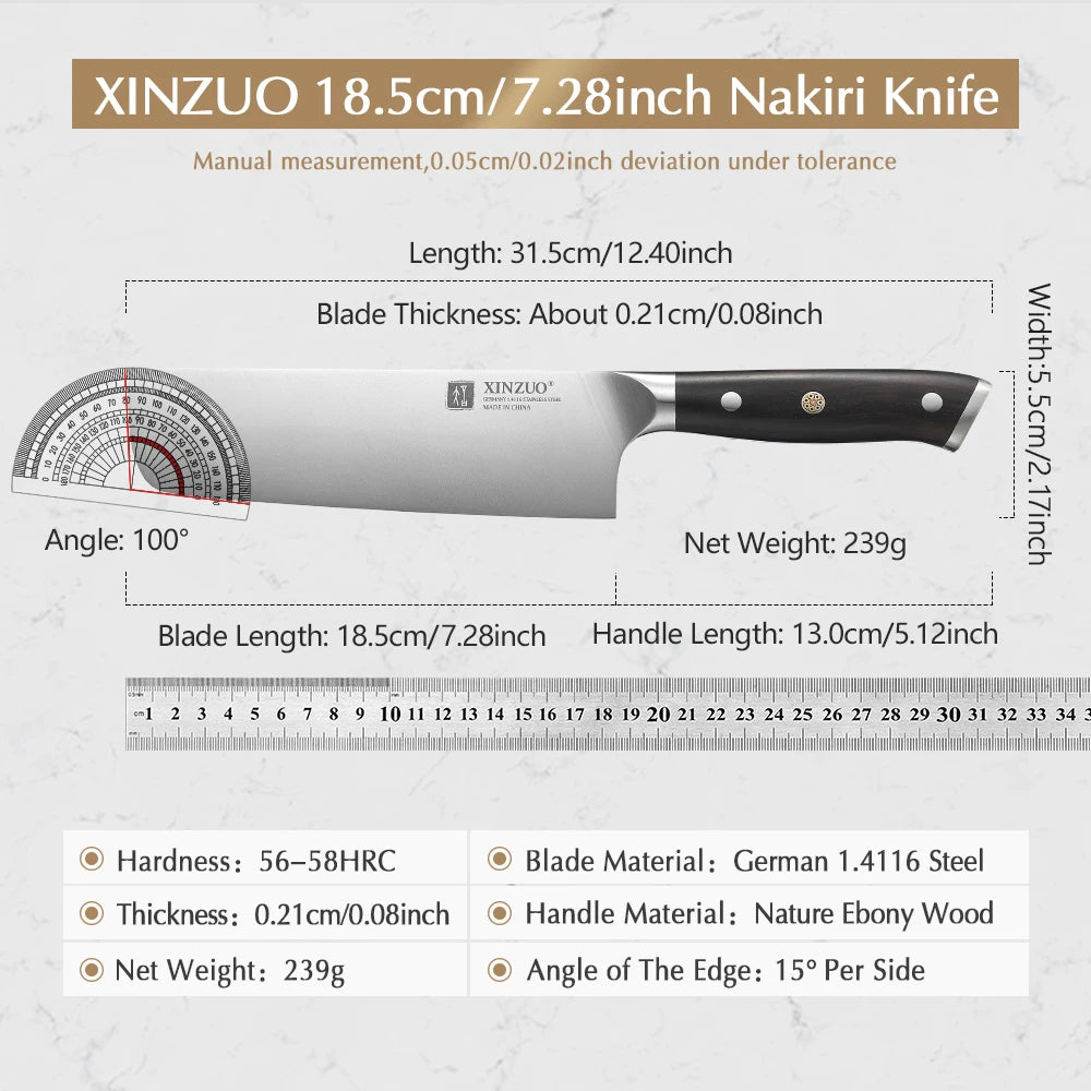 XINZUO 7.28" Nakiri Knife – German Steel & Ebony Wood Handle Nakiri Kitchen Knife Axl