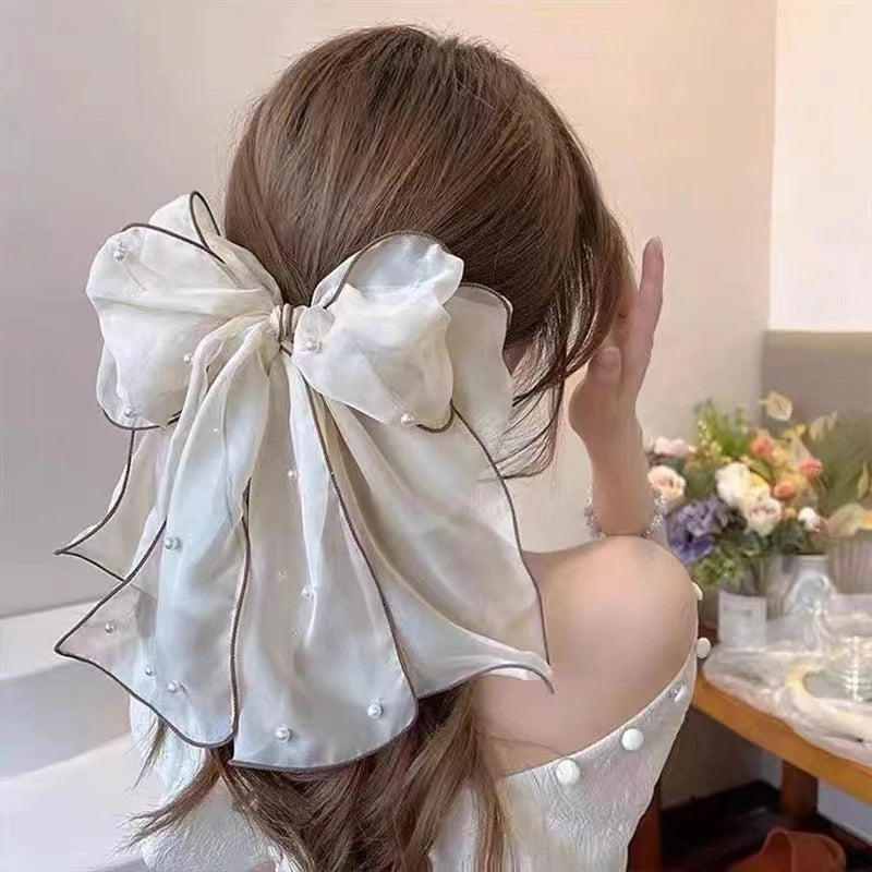 Pearl Bow Hair Clip – Elegant Chiffon Ribbon Barrette for Women Bow Hair Clip Axl Beige