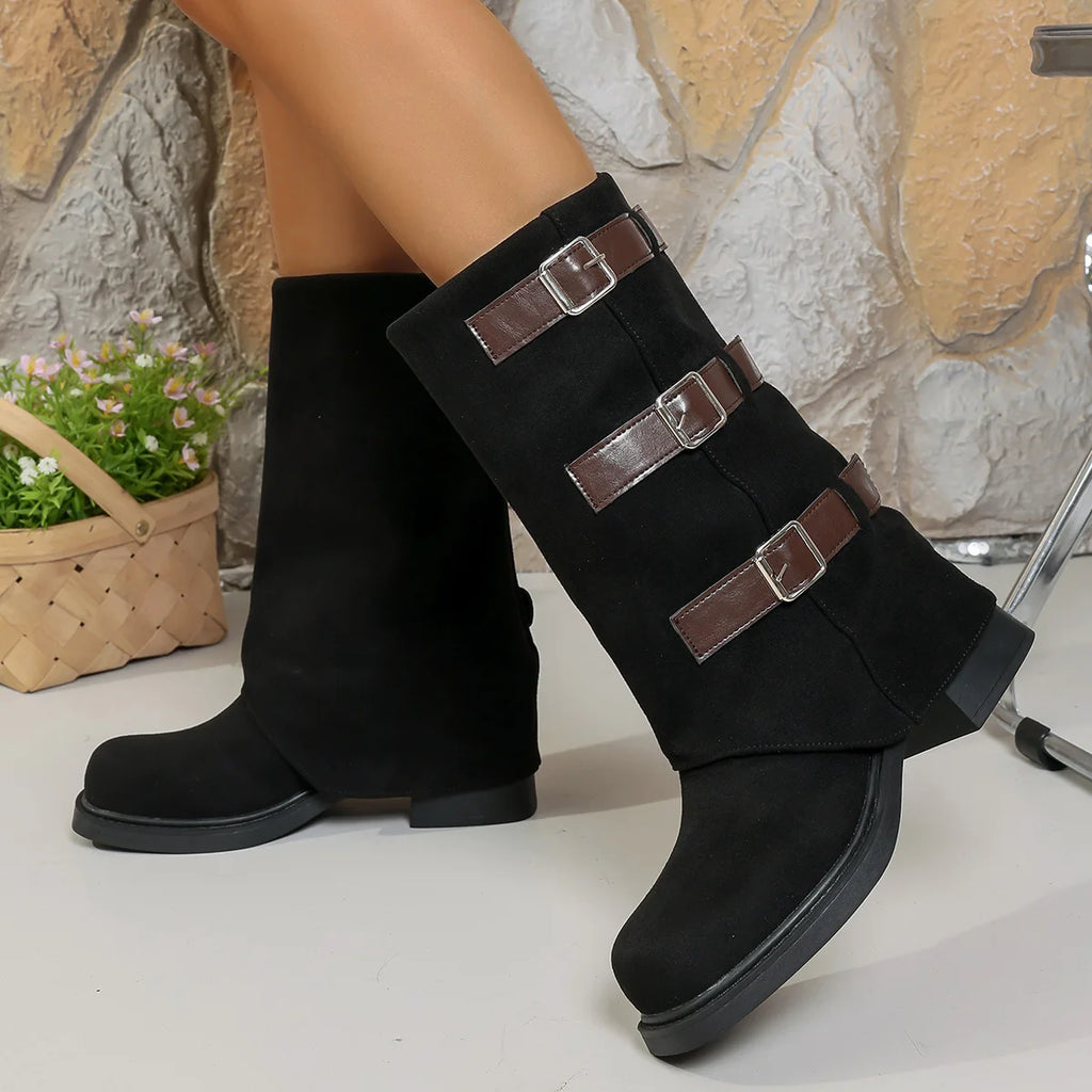 Women's Suede Mid-Calf Winter Boots – Low Heel, Velvet Lined Women's Winter Boots Axl