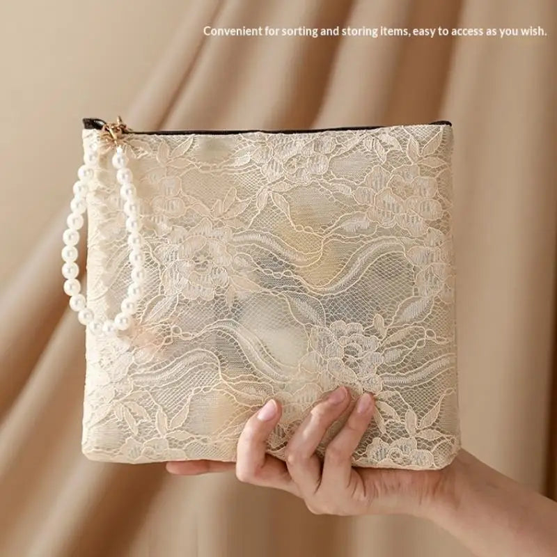 Lace Makeup Bag with Pearl Wrist Strap | Travel Cosmetic Pouch Cosmetic Bag Axl