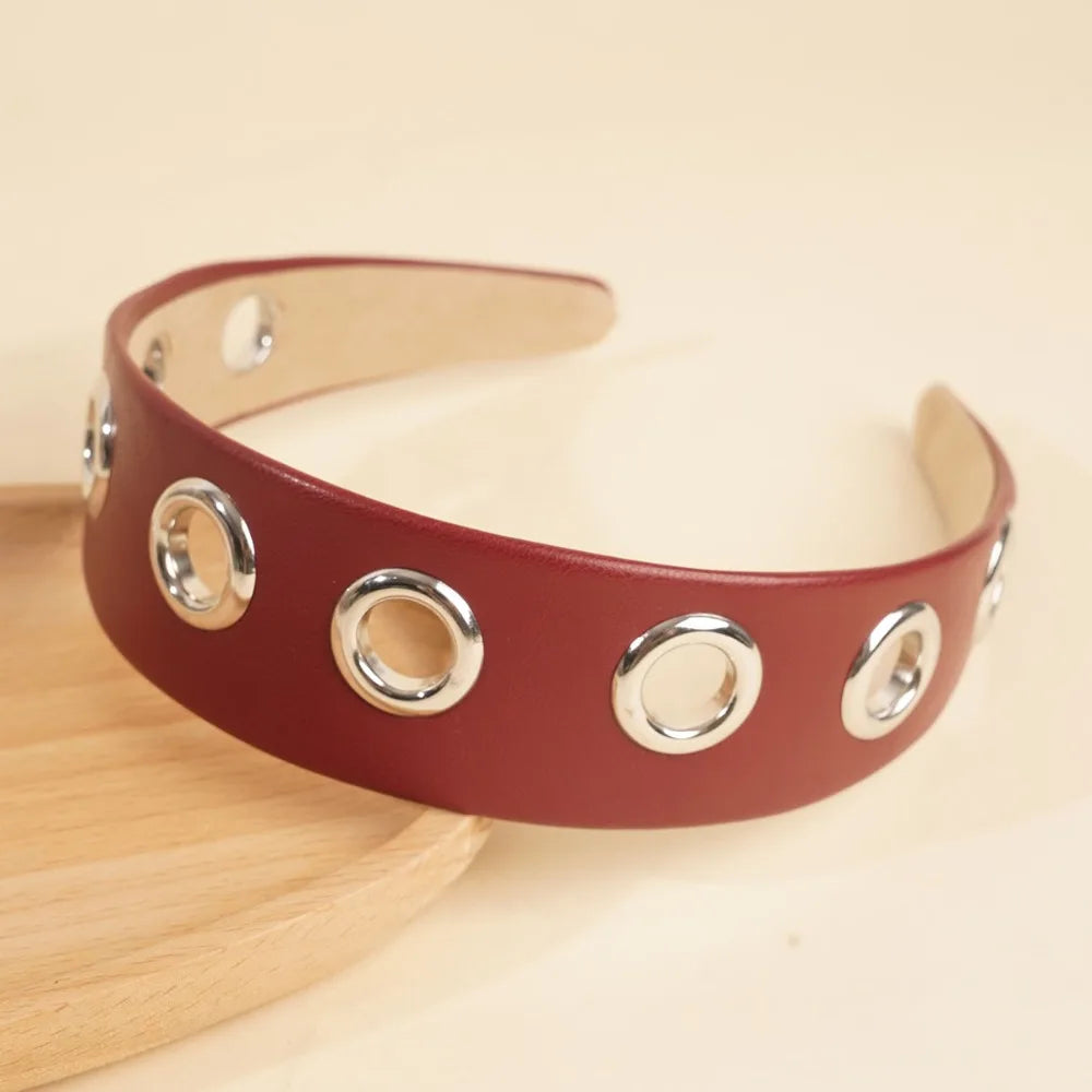 Punk PU Leather Headband | Metal Grommet Steampunk Hair Wrap Punk Hair Headband Axl Dark Red