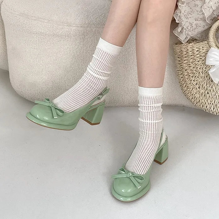 Women's Butterfly-Knot Closed Toe Thick Heel Slingback Sandals Women's Heeled Sandals Axl