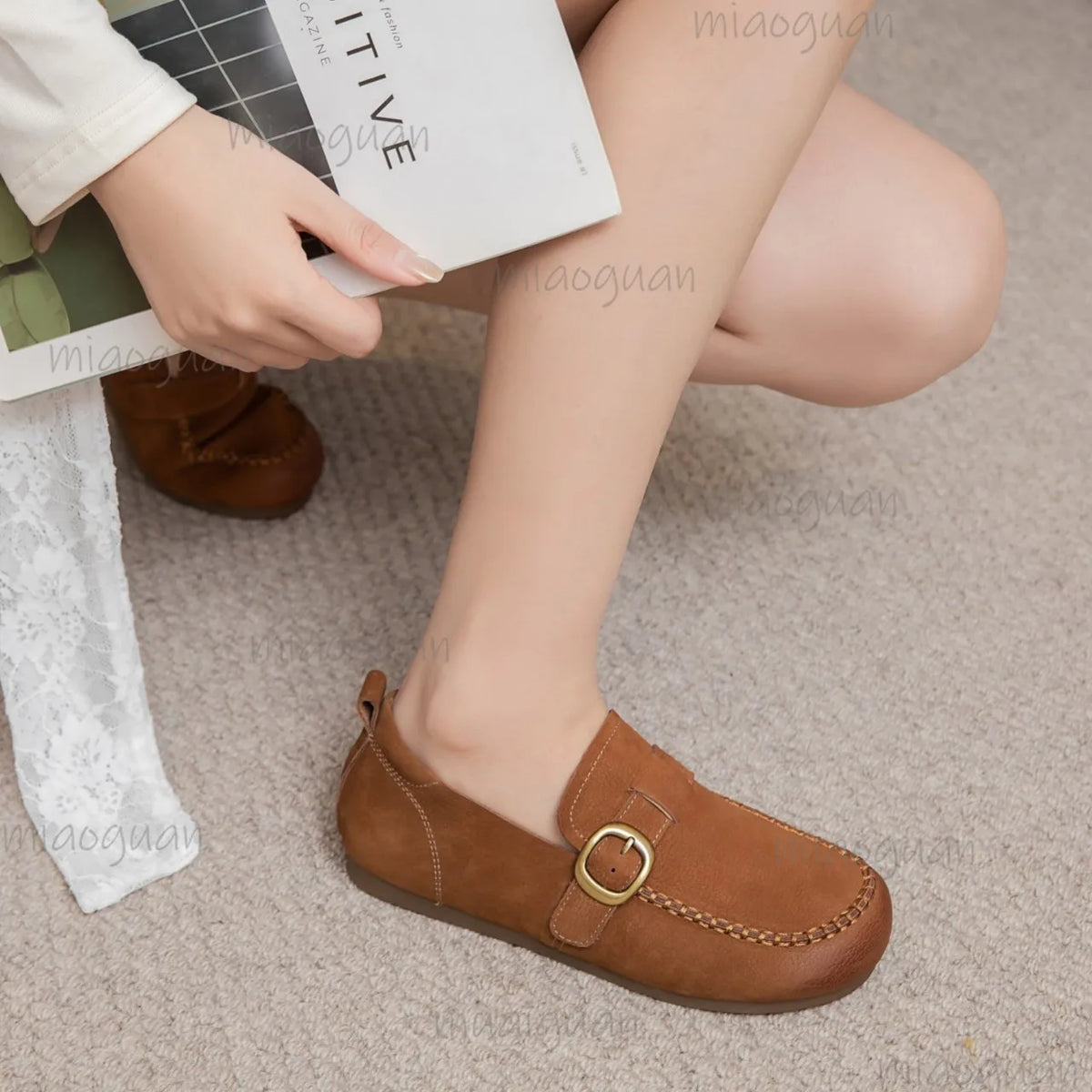 Women's Vintage Loafers – Metal Buckle Slip-On Flat Shoes Women's Loafers Axl