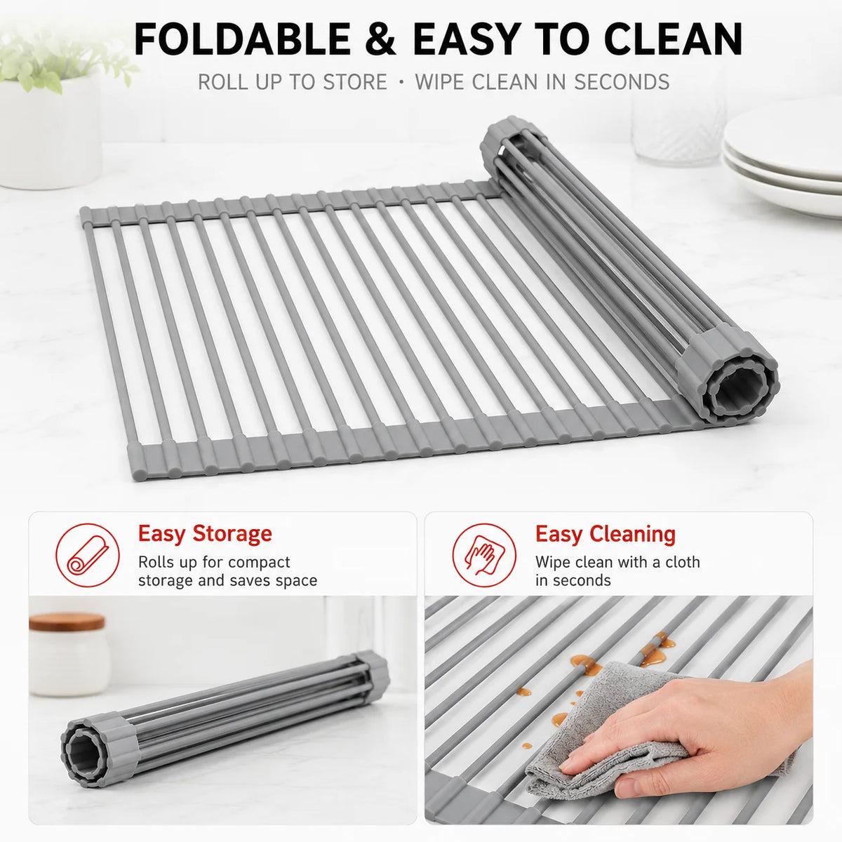 Roll-Up Silicone Dish Drying Rack Over Sink | UWHISE Dish Drying Rack Axl
