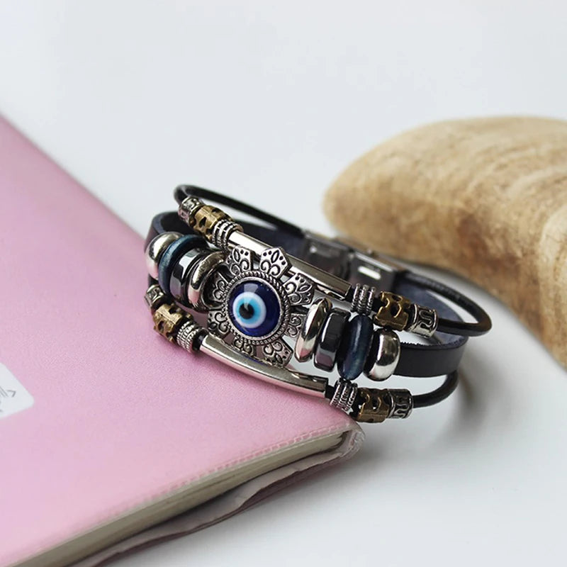 Turkish Nazar Lucky Eye Multilayer Leather Bracelet for Women Leather Charm Bracelet Axl