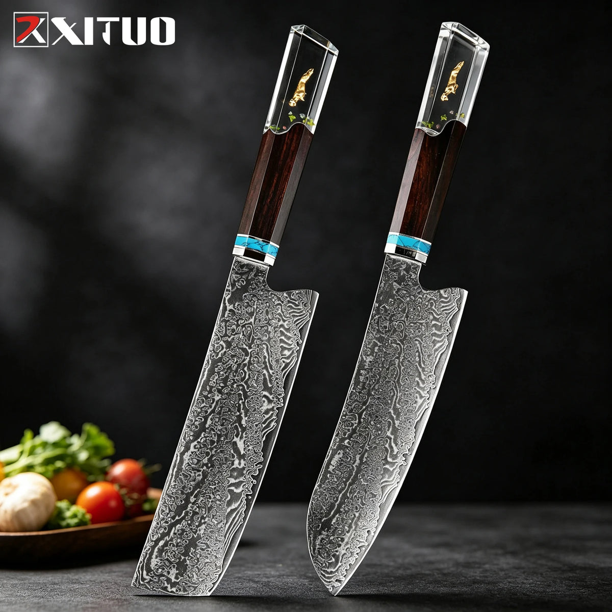 XITUO 8-Pc Damascus Steel Chef Knife Set | Resin Handle Chef Knife Set Axl 2PCS Knife A