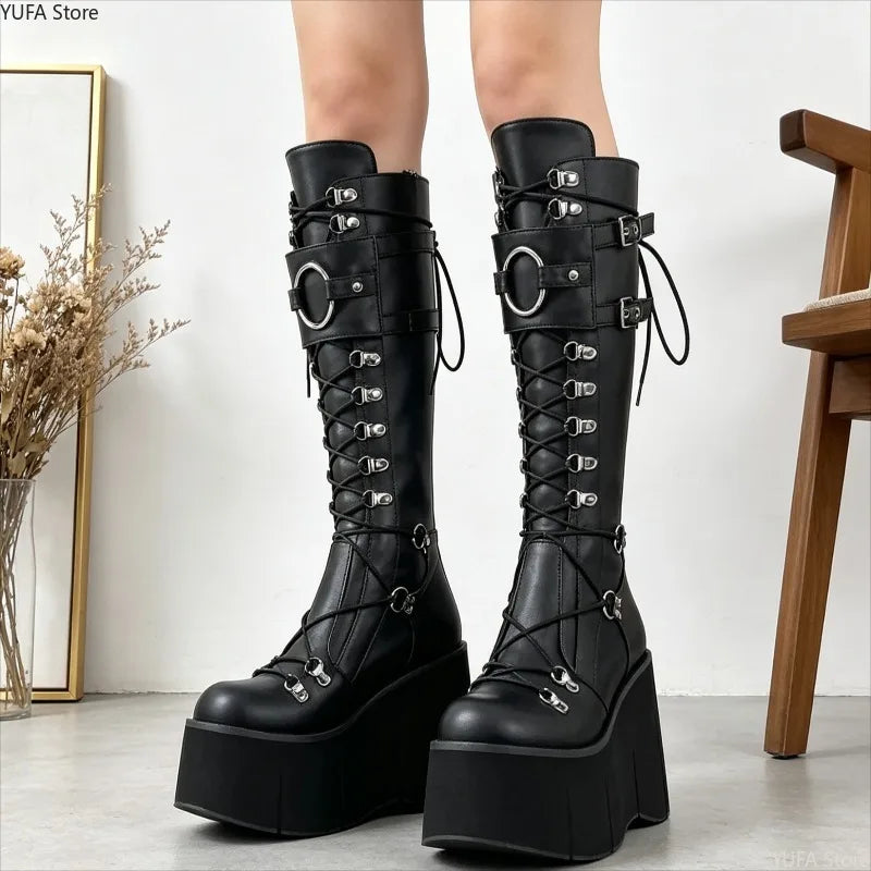 Women's Gothic Wedge Platform Boots – High Heel Lace-Up Wedge Platform Boots Axl