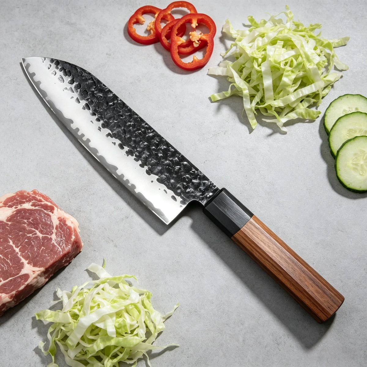 Hand Hammered Japanese Santoku Knife – Stainless Steel & Wood Santoku Chef Knife Axl