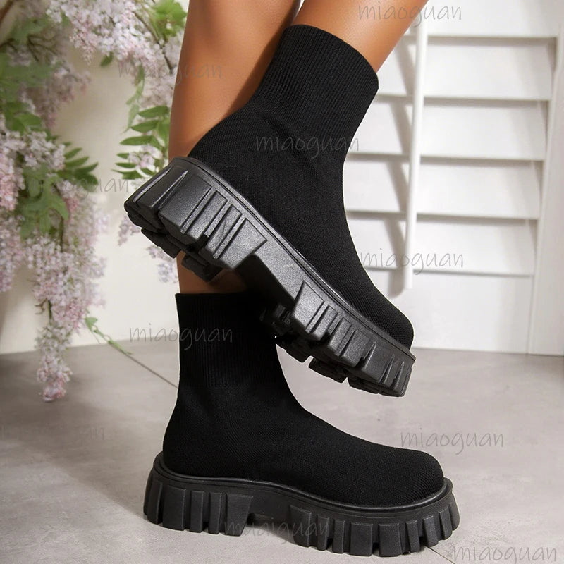 Women's Platform Slip-On Knit Ankle Boots – Thick Sole Platform Ankle Boots Axl