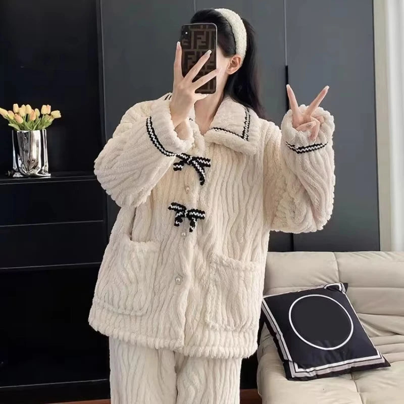 Women's Bow Pajama Set – Warm Thick Winter Sleepwear 2-Piece Women's Pajama Set Axl