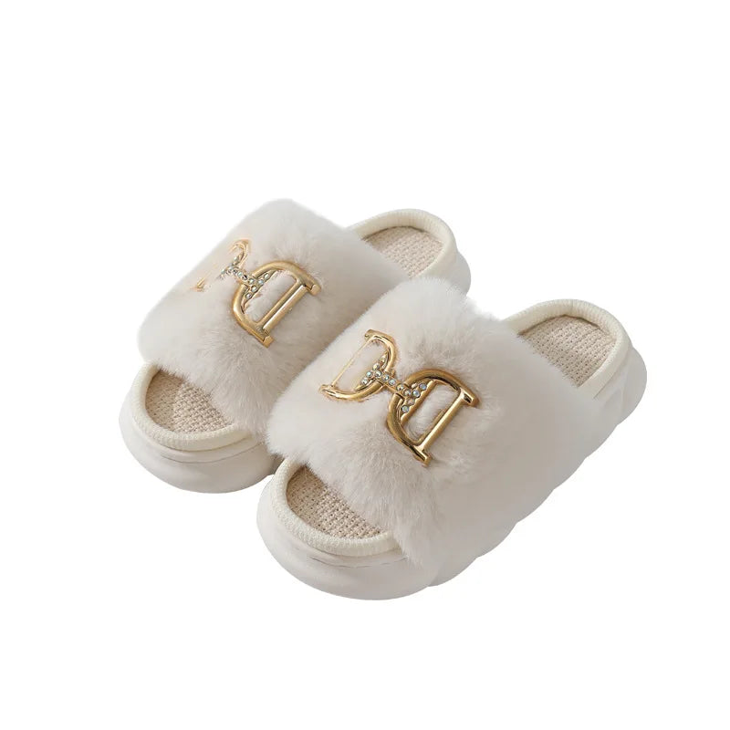 Women's Fluffy Fur Slides Buckle Decor Faux Fur Slippers Fluffy Fur Slides Axl