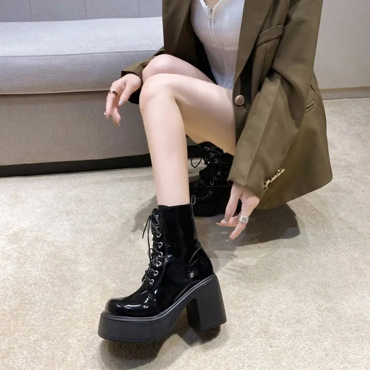 Women's Waterproof Platform Lace-Up Ankle Boots 9cm Heel Platform Ankle Boots Axl black bright 35