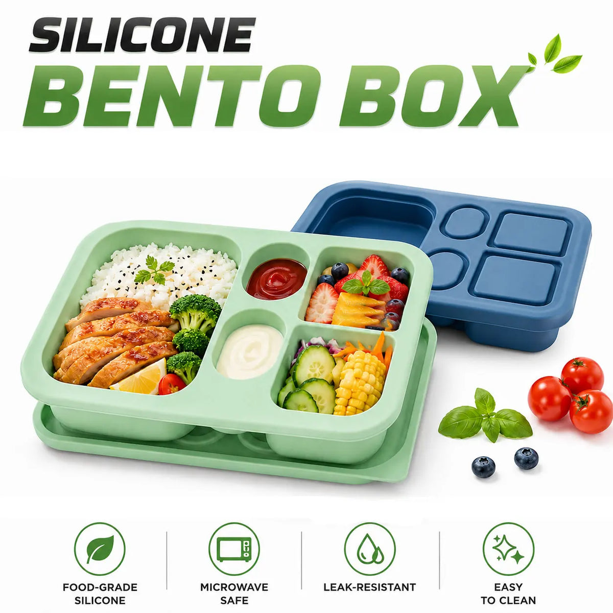 Silicone Bento Lunch Box – 5-Compartment Food Container Bento Lunch Box Axl