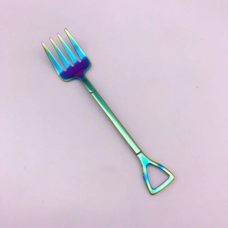 Shovel Shape Stainless Steel Dessert Spoon & Fruit Fork Novelty Flatware Axl fork-Multicolor
