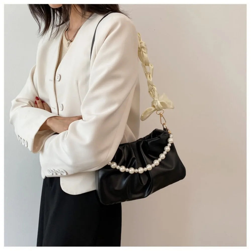 Pleated PU Leather Shoulder Bag with Pearl Detail | Women's Purse Shoulder Handbag Axl