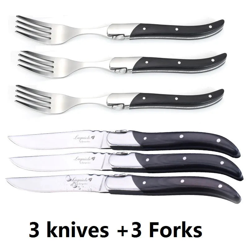 Laguiole Steak Knives Set – Black Wood Handle Stainless Steel Steak Knife Set Axl 3 knife 3 fork