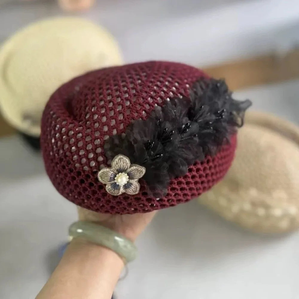 French Hollow-Out Floral Beret – Knit Polyester Cap for Women Knit Beret Hat Axl