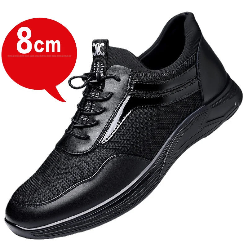 Men's Genuine Leather Height Increasing Sneakers | Breathable Leather Casual Sneakers Axl A-Black-8cm 44
