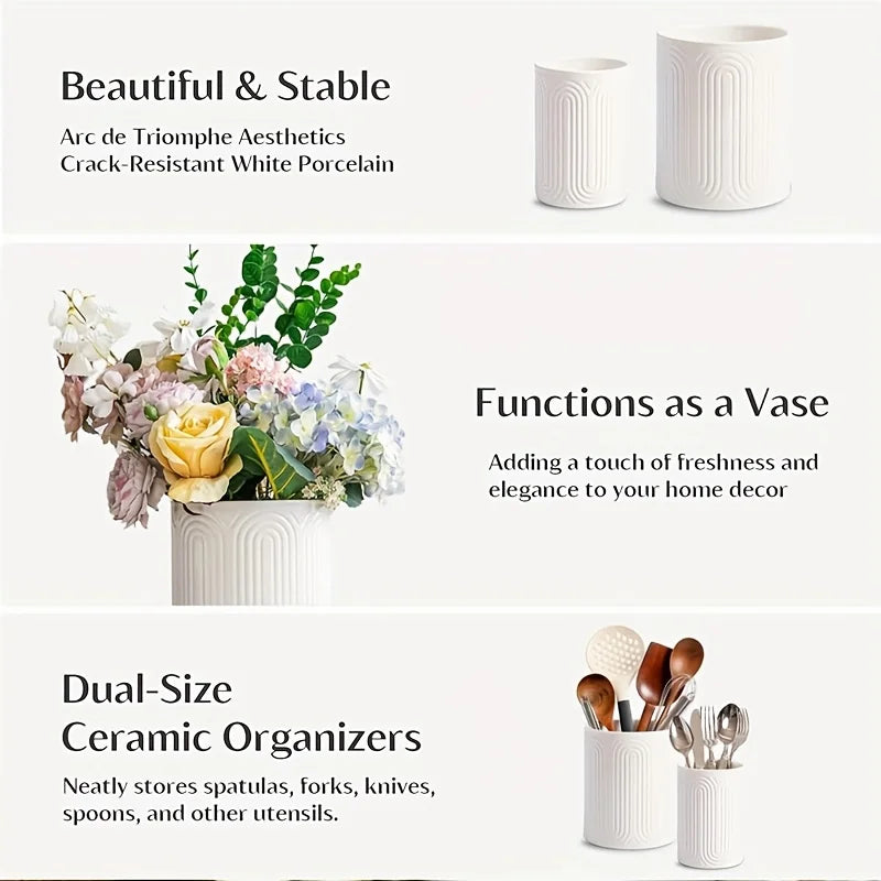 KEMORELA White Ceramic Utensil Holder | Kitchen Countertop Organizer Utensil Holder Axl
