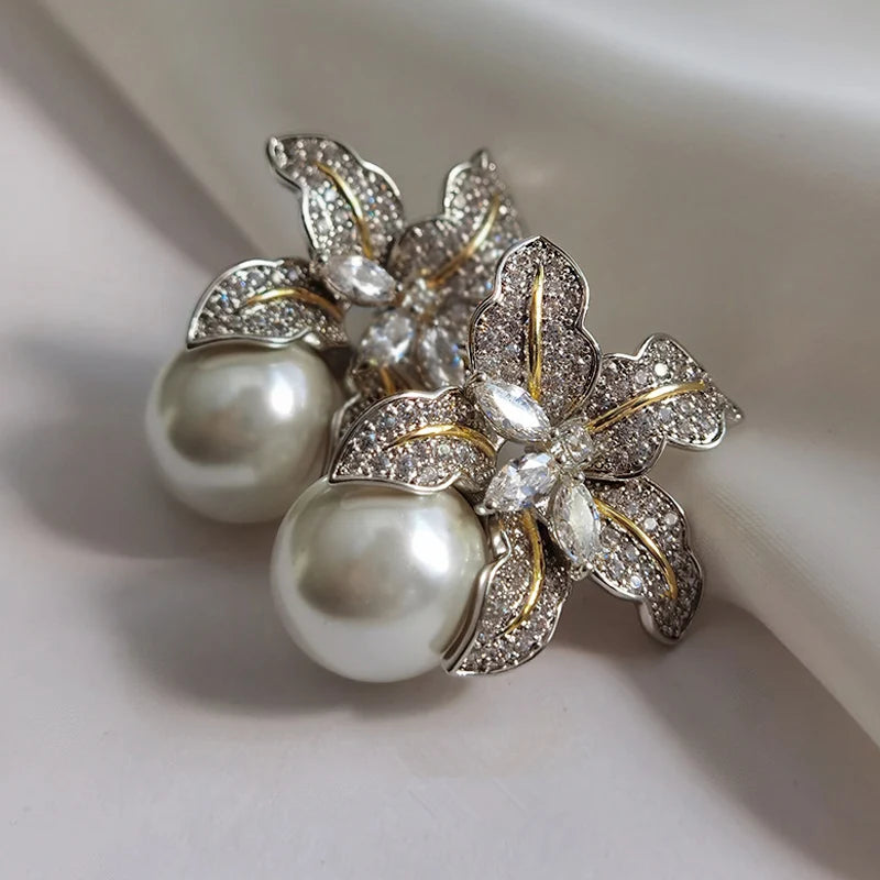 Huitan Two-Tone Flower Pearl Stud Earrings | Wedding Jewelry Pearl Stud Earrings Axl