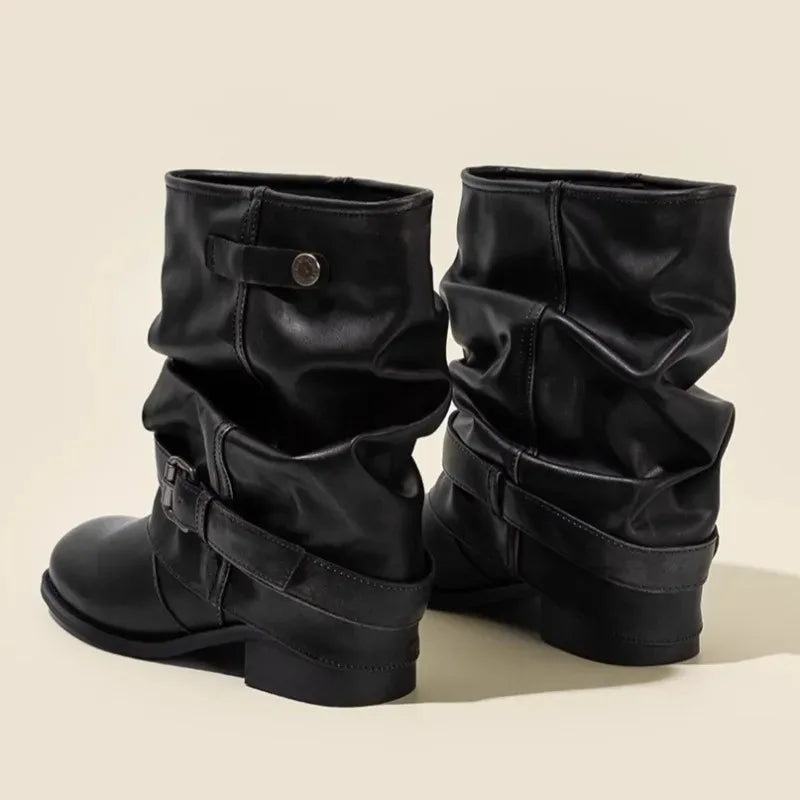 Women's Western Cowboy Boots – Metal Buckle Stacked Heel Western Cowboy Boots Axl